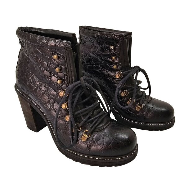 Diesel Leather Hiker Tekny Bootie Black Faux Croc Block Heel Womens Shoe Size 8 - Picture 2 of 10